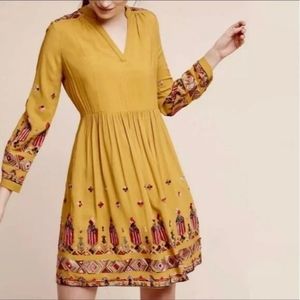 Anthropologie Floreat Raella Mustard Embroidered V Neck Long Sleeves